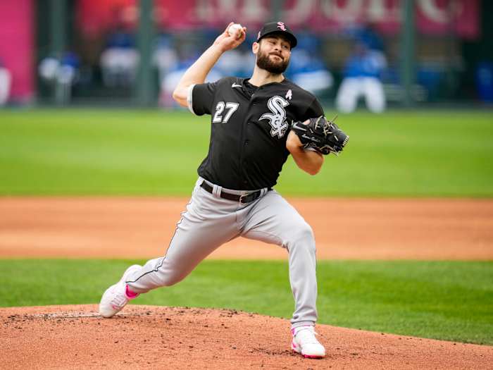 May 9, 2021; Kansas City, Missouri, USA; Chicago White Sox starting pitcher Lucas Giolito (27) pitches against the Kansas City Royals during the first inning at Kauffman Stadium.